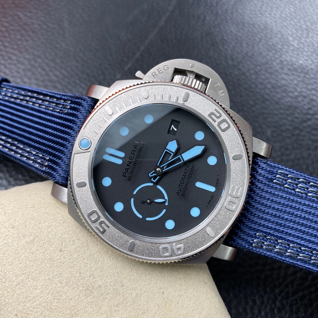 CBD Factory Panerai Submersible 47mm Black Dial Blue Luminous Dots, Indexes, and Skeletonized Hands Titanium Bezel Blue Fabric Strap(PAM00985) 1:1 Super Clone – DDP.9010 Movement TopPick 401